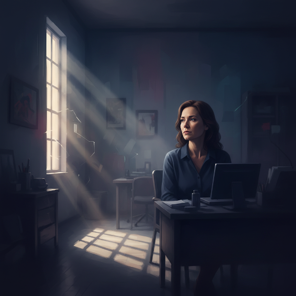 Isang babae na nakakaramdam ng pagod at pagkawala ng direksyon sa isang madilim na silid, na may simbolikong liwanag na naghihintay.