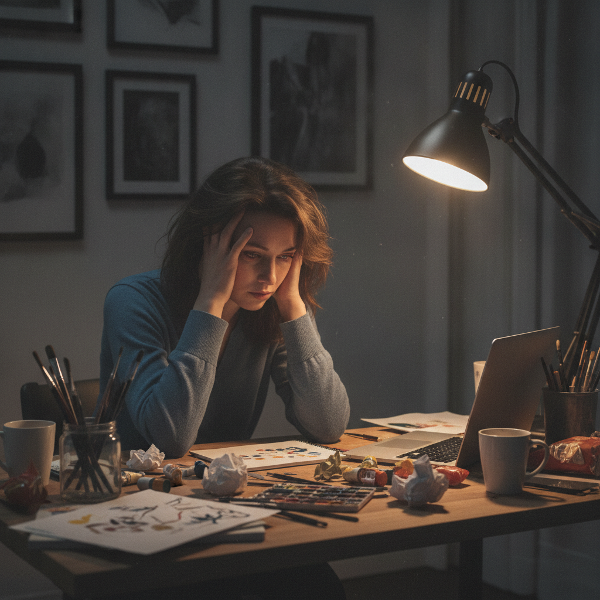 Isang larawan ng isang babaeng 36 anyos na mukhang pagod at malungkot sa kanyang desk, napapaligiran ng mga gamit sa sining at laptop, sa madilim na silid, sumisimbolo sa kawalan ng interes at depresyon.