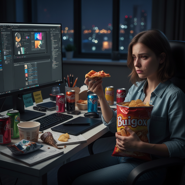 Isang 39-taong-gulang na graphic designer na nakakaranas ng stress-induced binge eating tuwing gabi pagkatapos ng pagkabigo sa promotion sa trabaho.