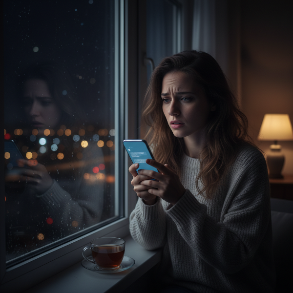 Isang babae na may malungkot at nag-aalalang ekspresyon habang nakatingin sa labas ng bintana sa gabi, hawak ang kanyang telepono, na sumisimbolo sa pag-aalala at hirap sa komunikasyon ng isang relasyong pang-malayuan.