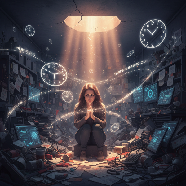 Isang larawan na naglalarawan ng isang babaeng nakakaranas ng burnout at pagkabalisa sa isang masikip na kapaligiran, na may mga simbolo ng stress at paghahanap ng liwanag.