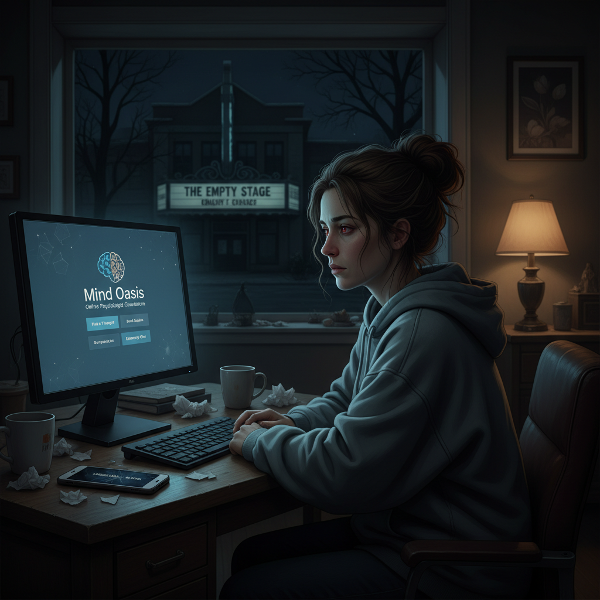 Isang babae na nakatingin sa computer sa madilim na silid, may nakaligtaang tawag at teatro sa labas, nagpapakita ng pagkawala ng interes at kalungkutan.