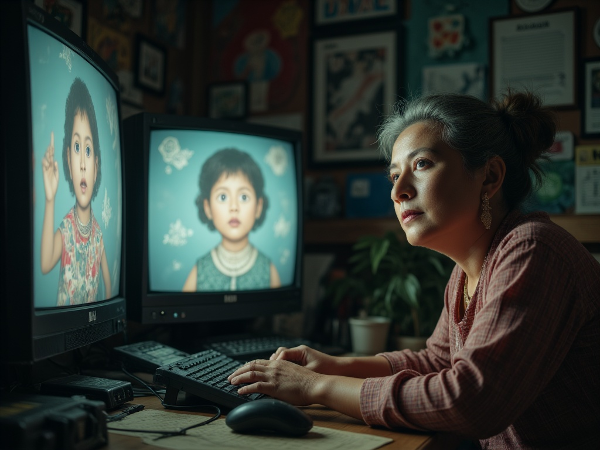 Isang babae na nakaharap sa screen ng computer na may malungkot na mukha, kasama ang mga lumalabong larawan ng mahal sa buhay at simbolo ng paglalaro sa paligid.