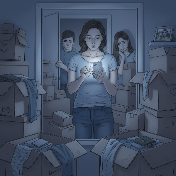 Isang larawan ng isang babae na napapalibutan ng mga online shopping package habang nakatingin sa kanyang phone, na nagpapakita ng kanyang pakikibaka sa kompulsibong pagbili at paggamit ng social media.