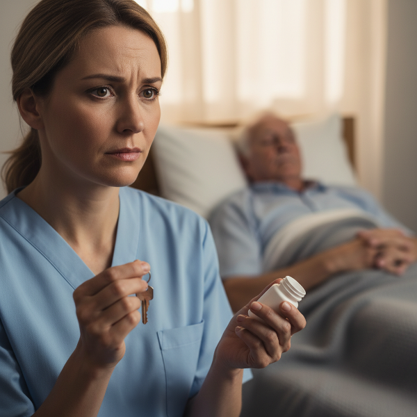 Isang larawan ng isang caregiver na nag-iisip tungkol sa kanyang kalusugan habang nag-aalaga ng pasyenteng may Alzheimer's.