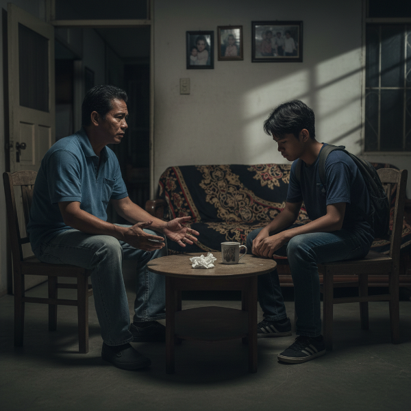 Isang eksena ng pag-uusap sa pamilya kung saan isang ama at kanyang tinedyer na anak ay nag-uusap nang mahinahon sa sala, habang ang ina ay nakatingin mula sa malayo, nagpapakita ng emosyonal na tensyon at paghahanap ng pag-unawa.