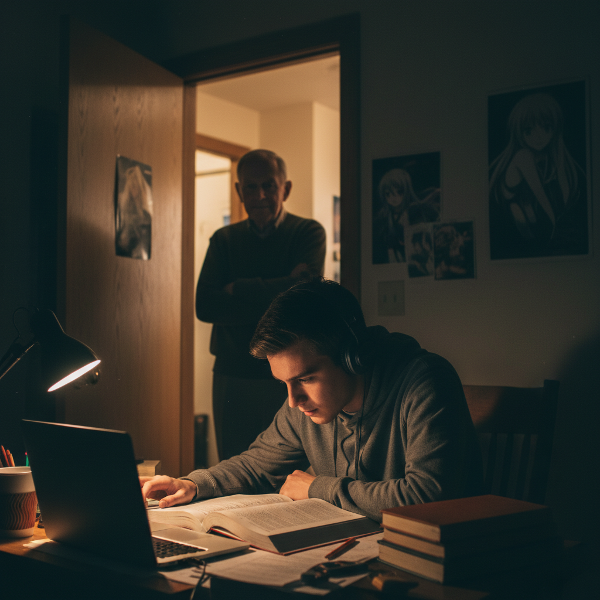 Isang larawan ng isang tinedyer na labis na nag-aaral sa kanyang kwarto, na nagpapakita ng stress at pag-iisa, habang ang kanyang mapagmahal na lolo ay nagmamasid mula sa malayo.