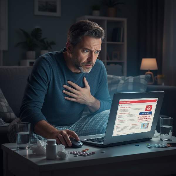 Isang lalaking nahihirapan sa labis na pag-aalala sa kalusugan at pag-self diagnose online