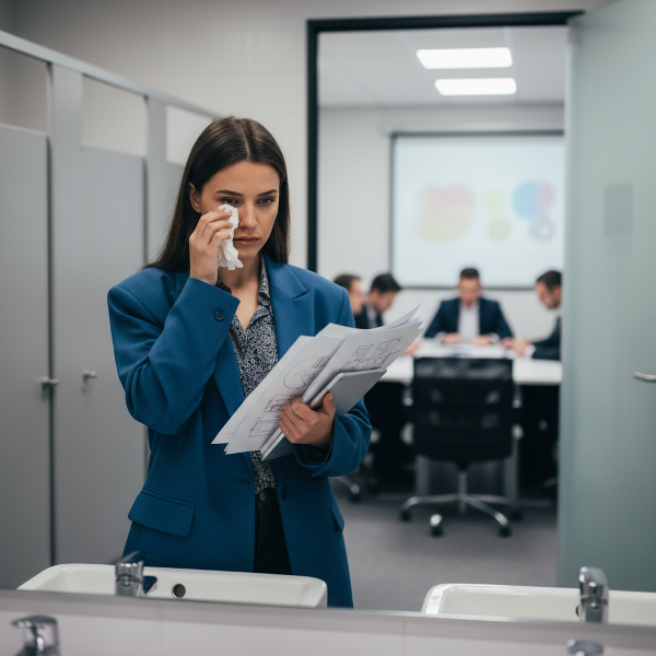 Isang larawan ng isang babaeng graphic designer na umiiyak sa banyo ng opisina, hawak ang kanyang mga disenyo, na nagpapakita ng kalungkutan at hirap sa komunikasyon sa trabaho.