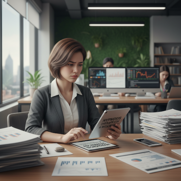 Isang larawan ng isang babaeng negosyante na nakakaranas ng stress sa trabaho at nag-iisip tungkol sa hypnosis therapy para sa kanyang kalusugang pangkaisipan.