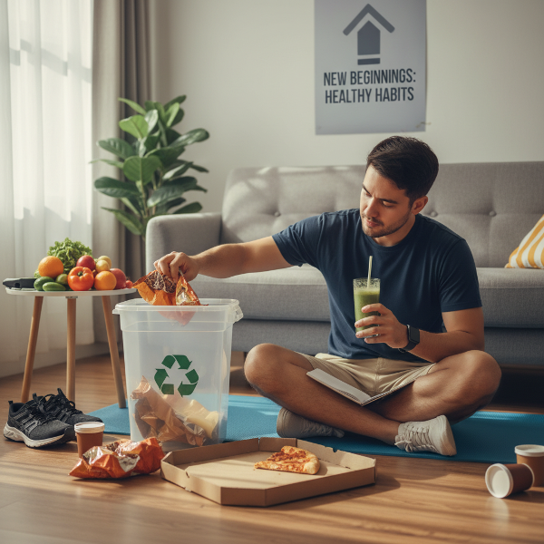 Isang lalaki na nakatingin sa salamin habang may mga imahe ng pagkain at stress sa paligid, na sumisimbolo sa kanyang pakikibaka sa emotional eating.