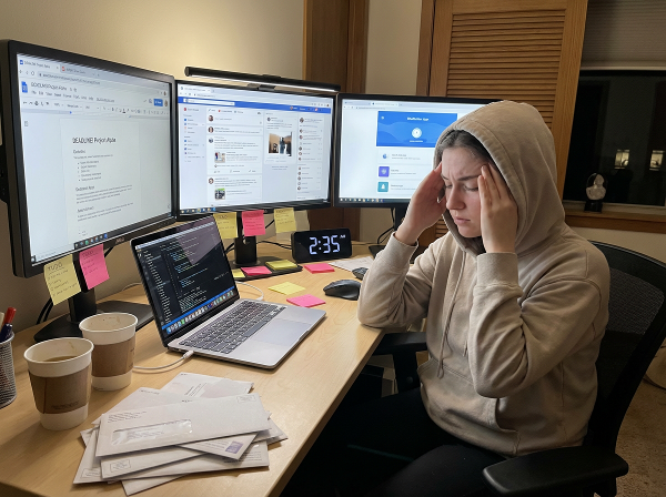 Isang lalaking software developer na nakatingin sa computer screen na may mga pop-up na deadline at online video icons, habang may mga CBT technique na lumulutang sa paligid tulad ng task breakdown at Pomodoro timer.