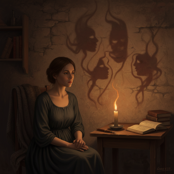 Isang batang babae na nakaupo sa isang madilim na silid, ang mukha ay naiilawan ng mainit na liwanag ng isang kandila. Nakatingin siya sa malayo, na may mga anino ng apoy sa dingding sa likuran niya, na sumisimbolo sa trauma at pag-asa.