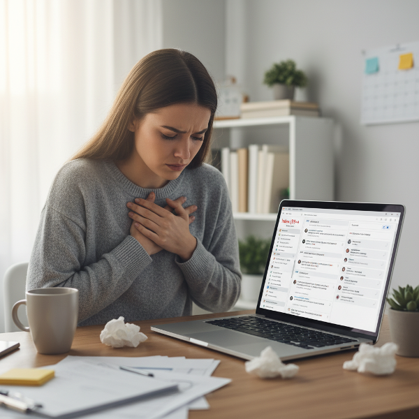 Isang dalagang nasa bahay na opisina, nalulungkot at nabibigatan bago magtrabaho, nakatingin sa hindi nasasagot na mga email at mensahe sa kanyang laptop.