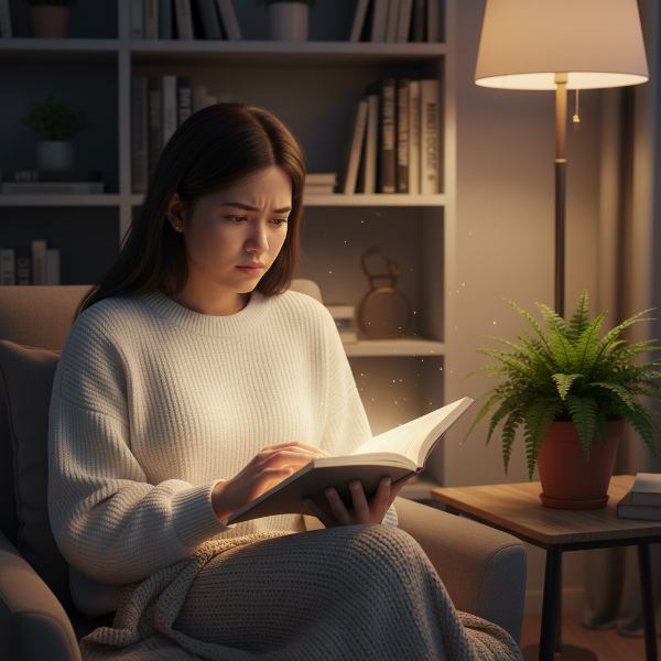 Isang kabataang babae na nag-iisip habang may hawak na journal. Kumakatawan ito sa paghahanap ng liwanag sa gitna ng pagdududa sa sarili.