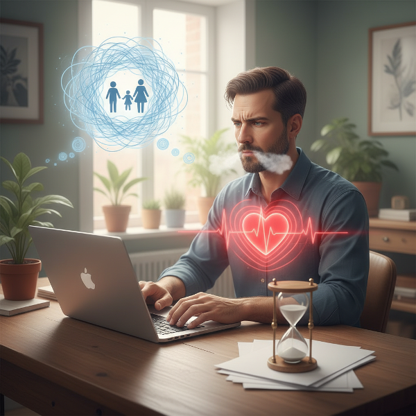 Deniz'in ev ofisinde yaşadığı kaygı ve belirsizlik duygularını, psikosomatik belirtiler ve taşıyıcı annelik düşüncesiyle birlikte tasvir eden bir görsel.