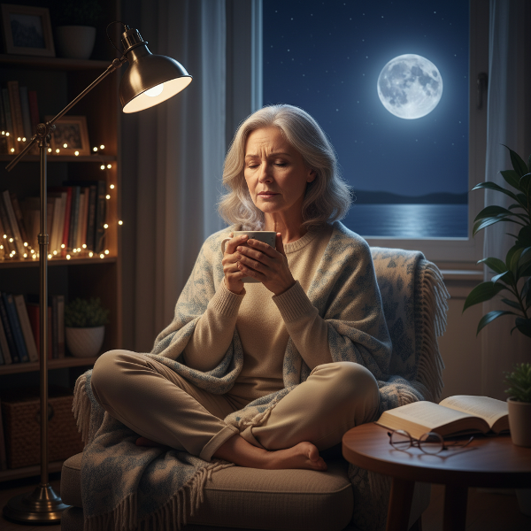 61 yaşındaki Aylin, gece yatmadan önce gelecek ve sağlık endişeleriyle başa çıkmak için nefes egzersizleri yapıyor, sakin bir odada huzur arıyor.