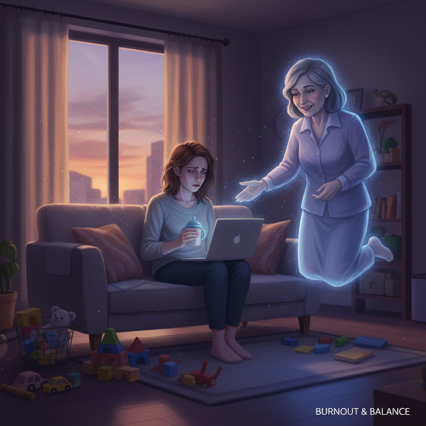 Yorgun bir kadın yöneticinin iş ve aile arasındaki tükenmişlik halini ve psikolojik desteği sembolize eden dijital sanat eseri.