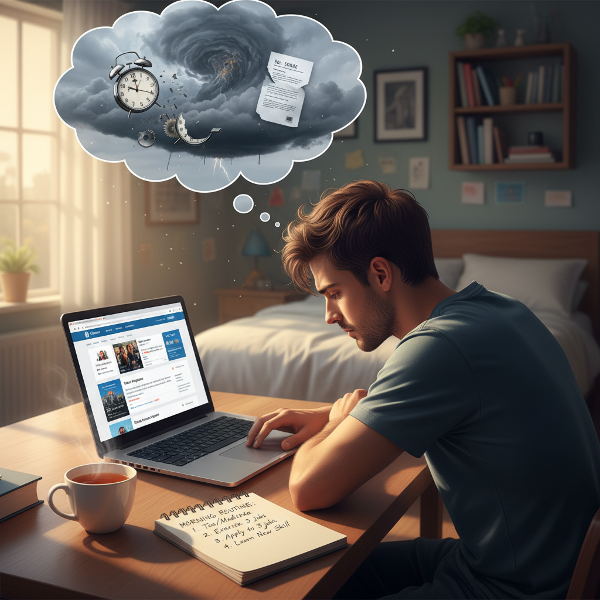 İş kaybı sonrası uyku sorunları ve motivasyon arayan bir gencin, psikolojik destek ve rutin oluşturma ile toparlanma sürecini gösteren sakin bir sahne.