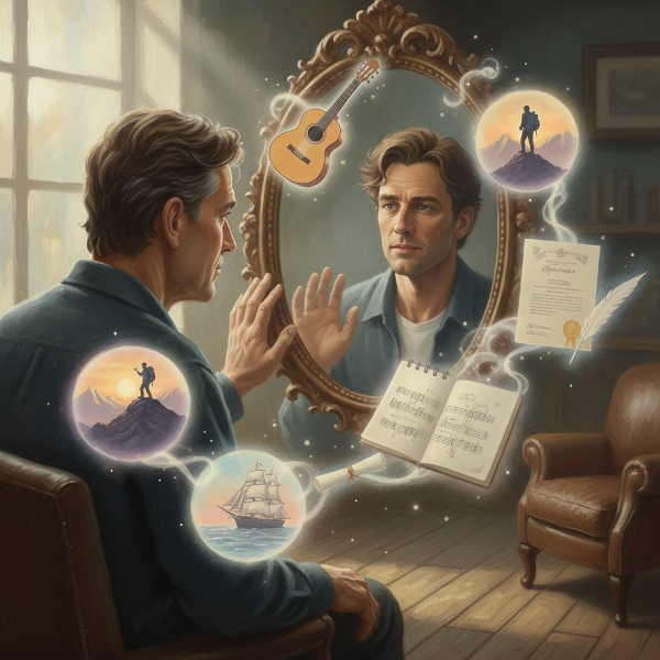 Cem'in orta yaş krizinde, aynada kendisi ve gençlik hayalleriyle yüzleşmesini gösteren içsel bir yolculuk resmi.