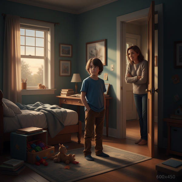 10 yaşındaki bir çocuğun, eşyaların konumundan rahatsız olduğu ve 'eksiklik' hissettiği odasını, empatik bir ebeveynle birlikte gösteren psikolojik bir sahne.