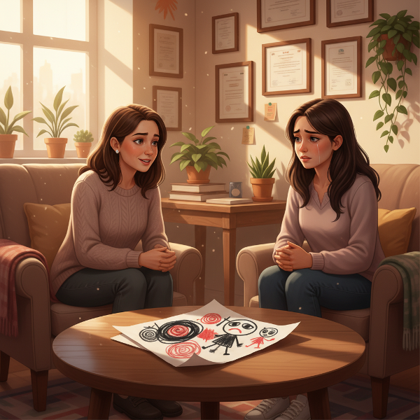 Psikolog Aydın, travma yaşamış bir çocuk ve ailesi için destek sürecini anlatırken, danışman Elif'i dinliyor.