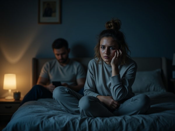 46 yaşındaki bir kadın, yatak kenarında bitkin ve üzgün bir şekilde oturuyor, arka planda endişeli eşi var. Karanlık oda ve beden dili, depresyon ve ilişki gerilimini sembolize ediyor.