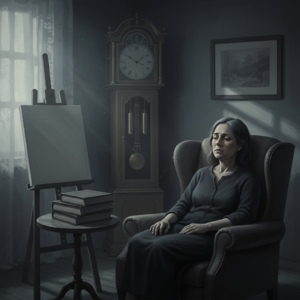 Yorgun ve duygusal olarak uzak hisseden bir kadın, boş bir tuval ve kapalı kitaplarla loş bir odada oturuyor.