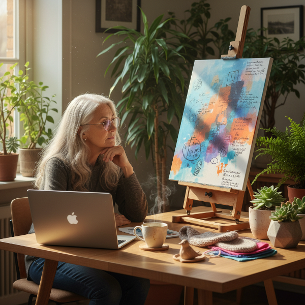 64 yaşındaki Nermin, çevrimiçi psikolojik danışmanlık sitesi için iş ararken yaşadığı süblimasyon, yaratıcı kriz ve mükemmeliyetçilikle baş etme sürecini yansıtan sıcak ve yaratıcı bir ofis ortamında.