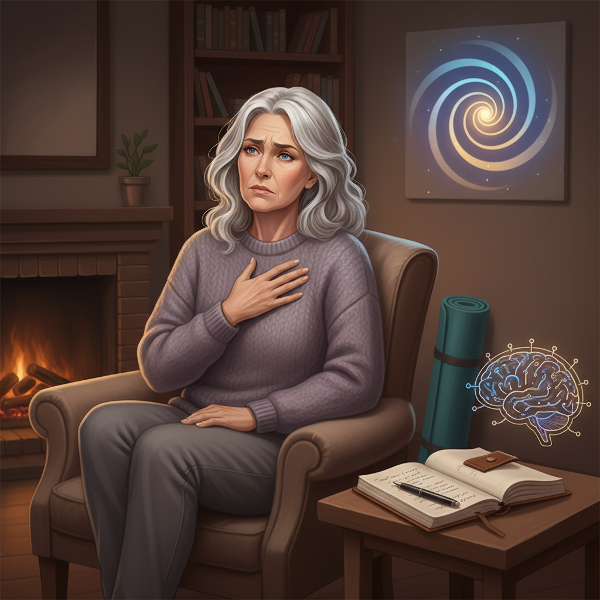 Elif'in psikosomatik belirtilerle başa çıkma yolculuğunu gösteren, hümanist psikoloji, otohipnoz ve stres yönetimi temaları içeren sakin ve düşündürücü bir resim.