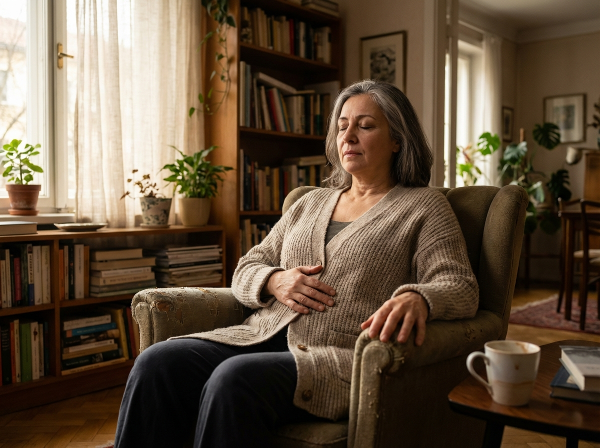Elif, iş ve aile stresinden bunalan 55 yaşında bir kadın, evinde sakin bir ortamda diyafram nefesi egzersizi yaparak rahatlamaya çalışıyor.