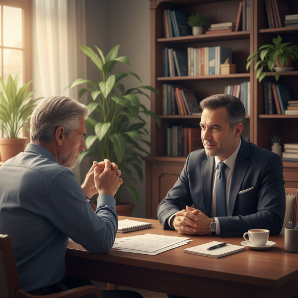 Emekli bir bireyin finansal stres ve psikolojik zorluklar karşısında psikolog desteği aldığı, güven verici bir terapi ortamı.