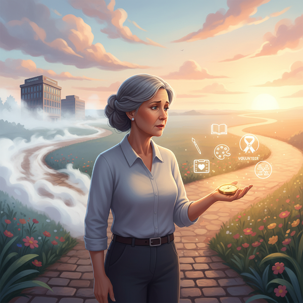 Emeklilik sonrası kimlik ve yön arayışını sembolize eden, bir kadının yeni bir yolculuğa cesaretle baktığı bir resim.