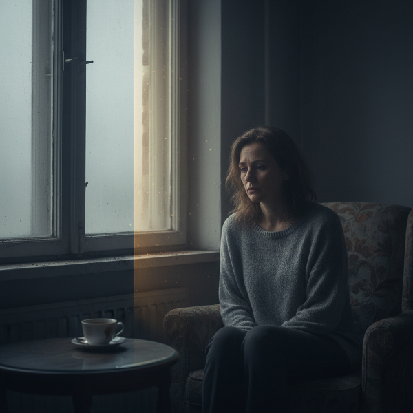 Duygusal uyuşukluk ve depresyon yaşayan bir kadının, sisli bir pencereden dışarı bakarken içsel yalnızlığını ve umut arayışını yansıtan melankolik bir sahne.