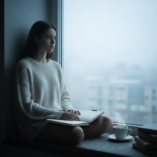 Duygusal uyuşukluk ve motivasyon eksikliği yaşayan genç bir kadın, sisli bir şehir manzarasına bakarken, iç dünyasındaki boşluk hissini yansıtan bir sahne.