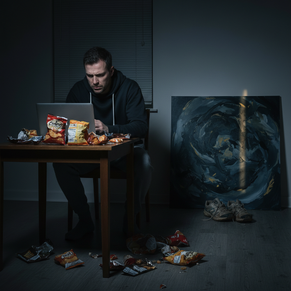 Bir adamın yalnızlık ve duygusal çatışma içinde gece atıştırmalık yeme ve telafi edici spor döngüsünü yaşadığı, arka planda sanatla uğraşmanın kaçış olup olmadığını sorguladığı bir sahne.