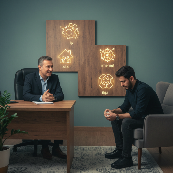 Psikolog Aydın, Arda'nın iş, aile, internet bağımlılığı ve ilişki krizlerine yönelik empatik ve adım adım danışmanlık verdiği bir görsel.