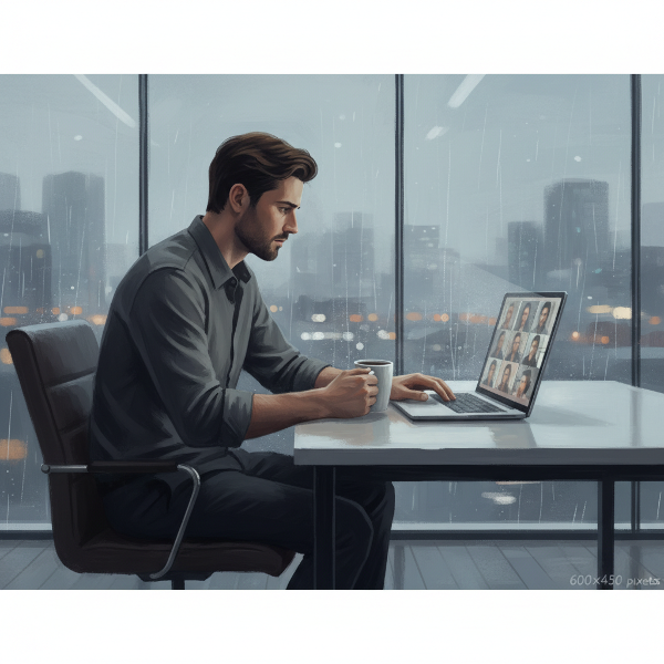 31 yaşındaki bir girişimci, modern ofisinde yalnızlık ve profesyonel stres hissiyle sanal bir toplantıya bakarken, yumuşak ışık ve soluk renklerle dijital sanat tarzında.