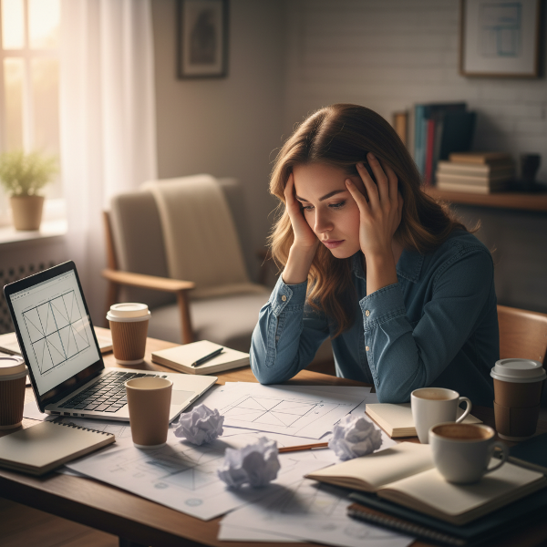 Serbest çalışan bir grafik tasarımcının tükenmişlik ve yaratıcı blok yaşadığı anı tasvir eden duygusal bir resim.