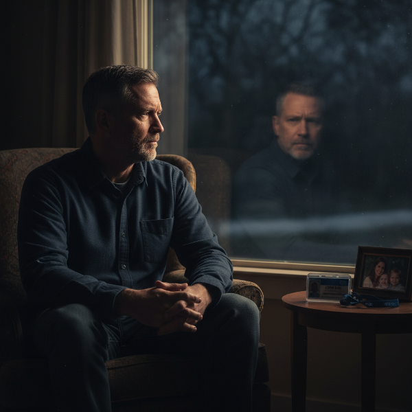 Orta yaşlı bir adam, varoluşsal sorgulamalar ve içsel fırtınalar içinde, yalnızlık ve kimlik arayışını yansıtan bir atmosferde düşünceli bir şekilde pencereye bakıyor.