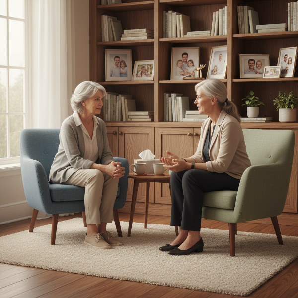 54 yaşındaki Figen, aile içi iletişim sorunları için psikolog Aydın'dan bilinçli ebeveynlik ve iletişim becerileri konusunda destek alıyor.