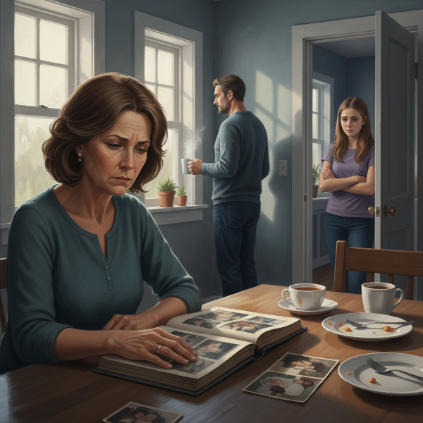 Bir ailenin mutfak masasında yaşadığı duygusal mesafe ve sessiz çatışma anı, düşünceli bir anne, uzak duran baba ve endişeli bir kız çocuğu ile tasvir ediliyor.