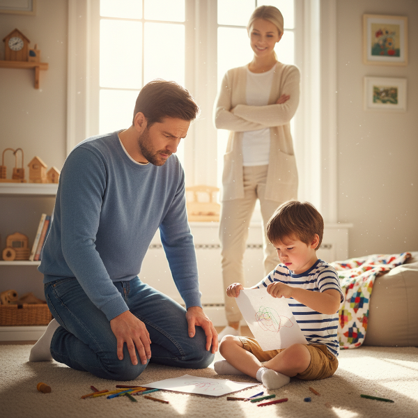Bir baba, mükemmeliyetçilik nedeniyle hayal kırıklığı yaşayan 5 yaşındaki oğlunu, resim kağıdını yırtmadan önce anlayışla karşılar.