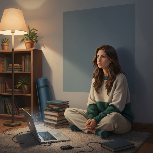 34 yaşındaki bir kadının yoğun meşguliyet ve içsel boşluk arasındaki duygusal çatışmasını yansıtan, sıcak ve düşündürücü bir dijital sanat çalışması.