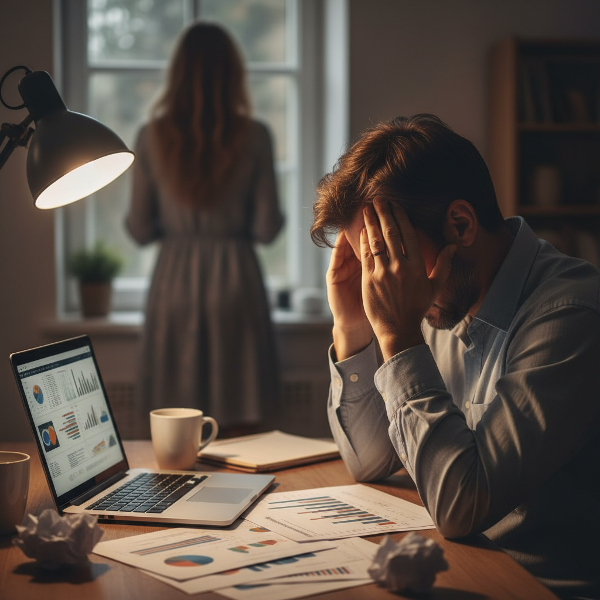 40 yaşındaki Kerem'in evlilik, iş stresi ve bağımlılık endişeleriyle ilgili karmaşık duygularını yansıtan, psikolojik danışma temalı bir resim.