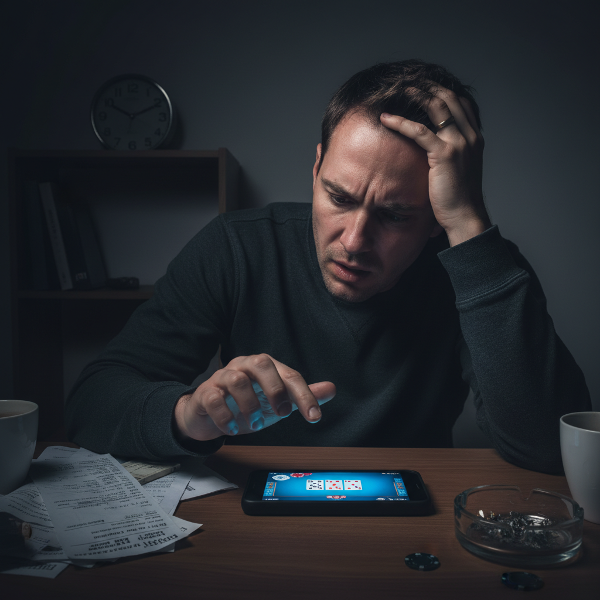 Gece geç saatte, yalnız başına oturan ve çatışma içindeki bir adamın, online poker oynadığı telefonun mavi ışığıyla aydınlanan yüzünü gösteren, kumar bağımlılığının yalnızlığını ve iç çatışmayı tasvir eden bir görsel.
