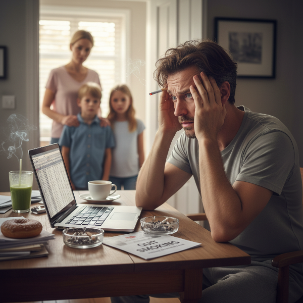 Evden çalışırken sigara içen ve stres yaşayan 36 yaşında bir erkek, ailesinin endişeli bakışları altında. Bağımlılıkla mücadele ve sağlıklı alışkanlıklar arayışını gösteren bir sahne.