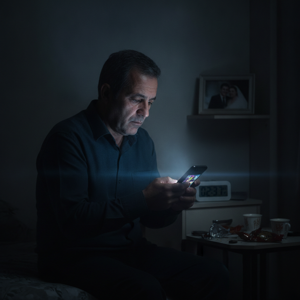 Gece geç saatte karanlık bir odada telefon ekranına kilitlenmiş, yorgun ve yalnız görünen 45 yaşında bir erkek; arka planda evlilik fotoğrafı ve saat, aile ile bağın koptuğunu ve dijital bağımlılığın etkisini vurguluyor.