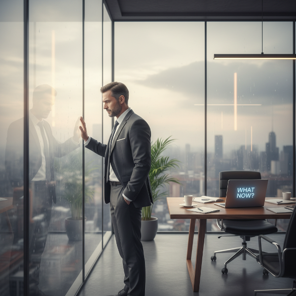 Orta yaşlı bir yönetici ofiste pencereden dışarı bakarken, tükenmişlik ve anlam arayışı içinde düşünceli bir ifadeyle.