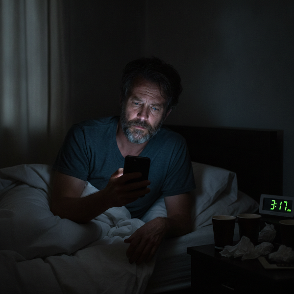 52 yaşındaki bir adamın iş yerinde maruz kaldığı mobbing nedeniyle gece uykusuz kalıp telefonuna bakma alışkanlığı ve rüyalarında iş olaylarını görmesi.